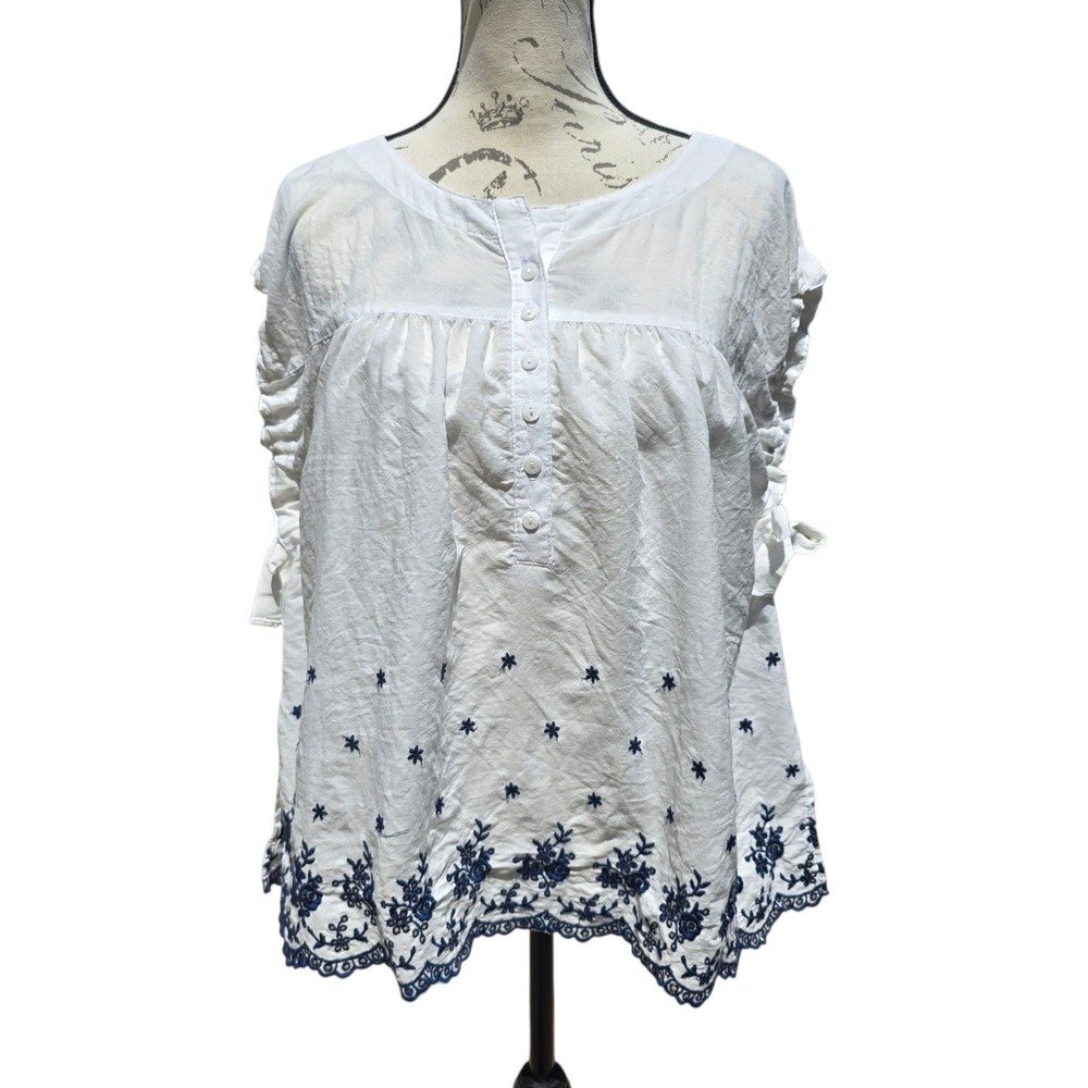Ivy‎ Jane -1618 Embroidered Peasant Top Ruffle Sleeve White Blue Boho S/M